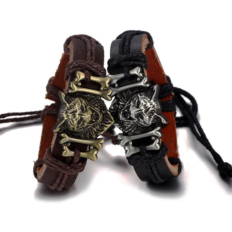 

SPINNER Vintage Genuine Leather Bracelet Punk gold color Handmade Lion Charm Bracelet &Bangle For Women Men Jewelry