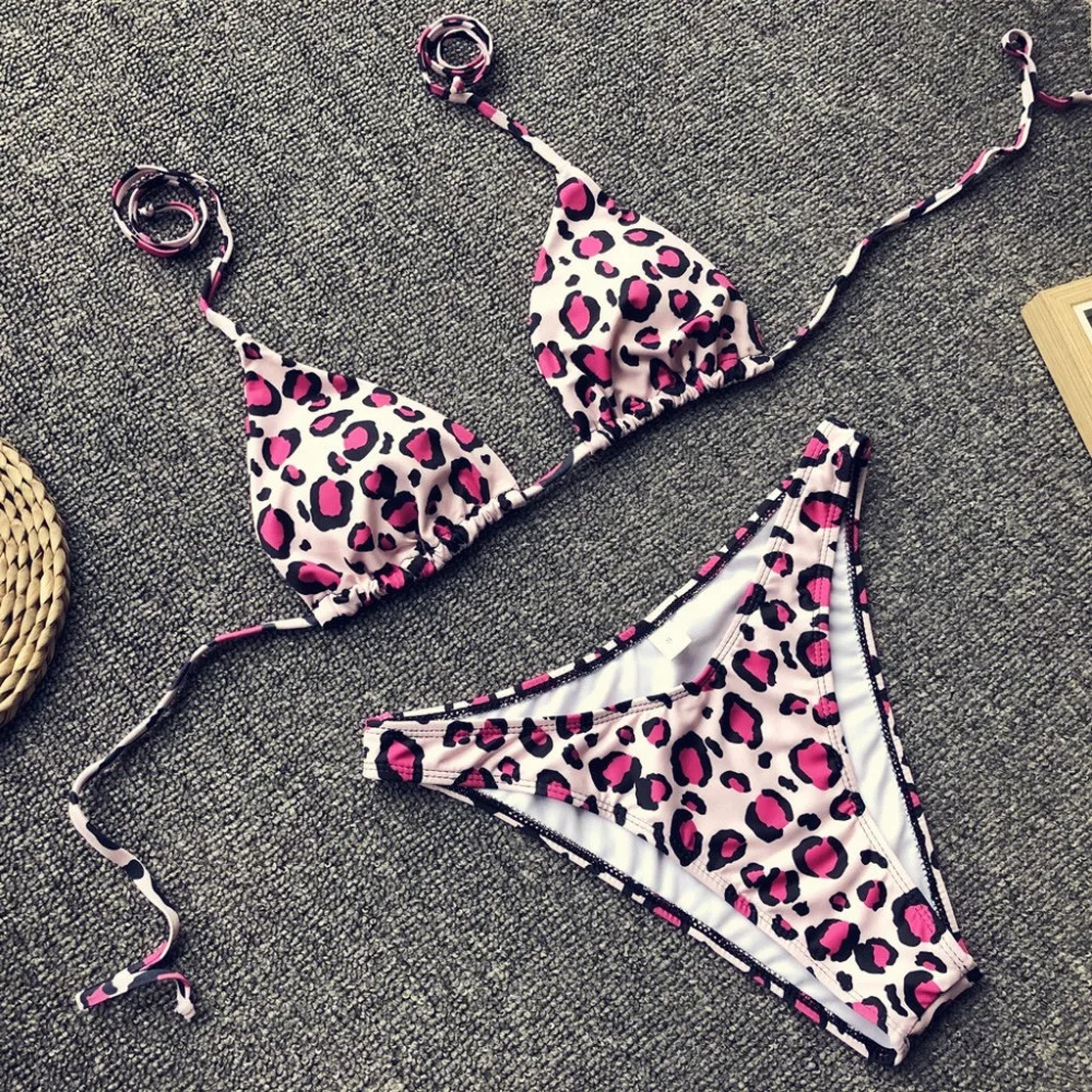 Женский купальник с леопардовым принтом комплект бикини на шнуровке пуш-ап