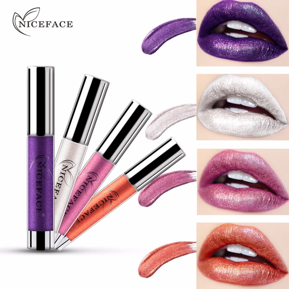 

Niceface Brand Metallic Shimmer Lipgloss Makeup Waterproof Kissproof Lips Tint Purple Pink Glitter Liquid Lipsticks Women Beauty