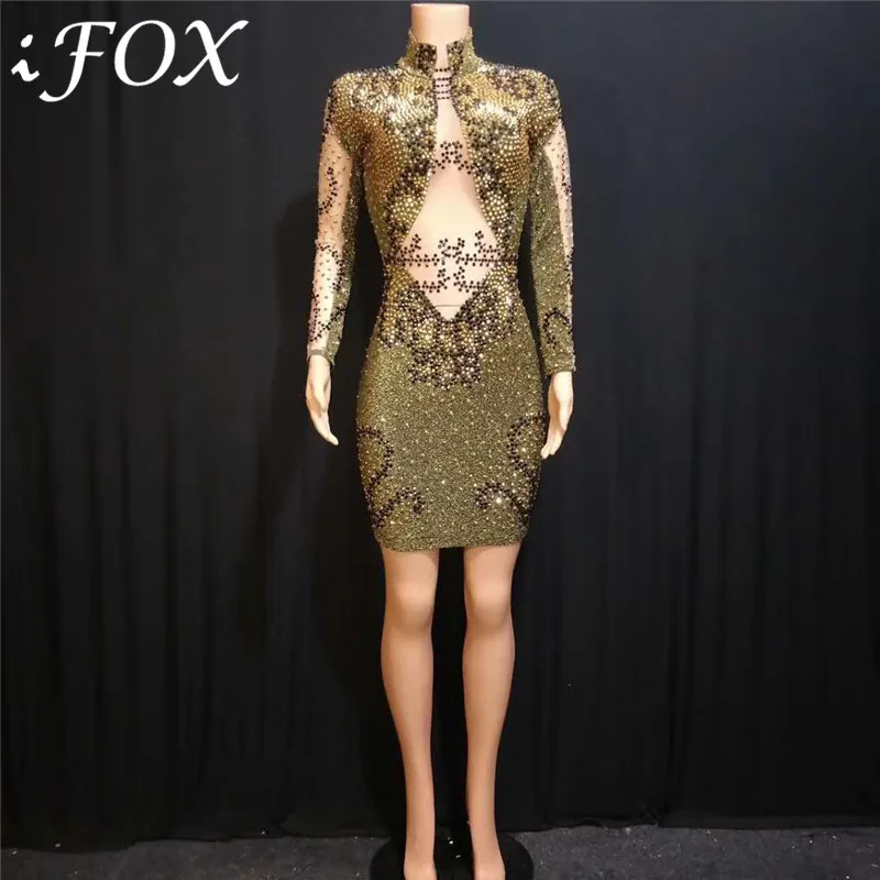 

Luxurious Women Pearls Rhinestones Dress Full Sleeve Women Gold Dress Female Dancer Costumes Birthday Celebrate Party Wear Dress