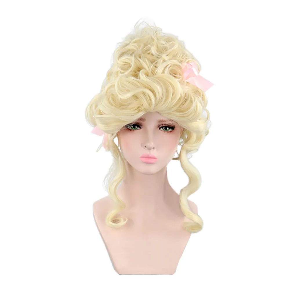 Черный Роскошный блонд Marie Antoinette парик с розовые ленты, кудрявые волосы для взрослых женщин 18 век театральный парик - Цвет: Черный
