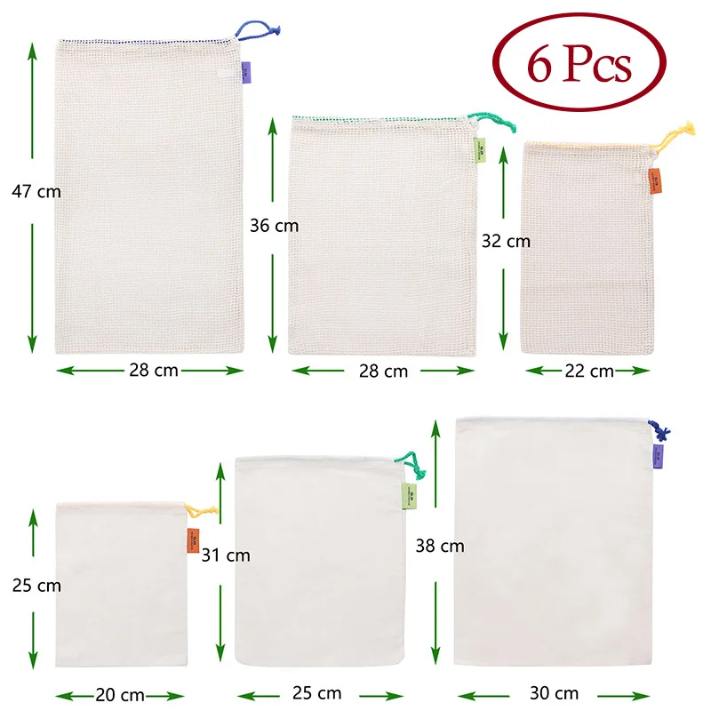6 Pcs KT115 6 шт многоразовые сумки для хранения, сумки для покупок из хлопчатобумажной сетки, дышащие муслиновые мешки для фруктов и овощей - Цвет: 6 Pcs KT115