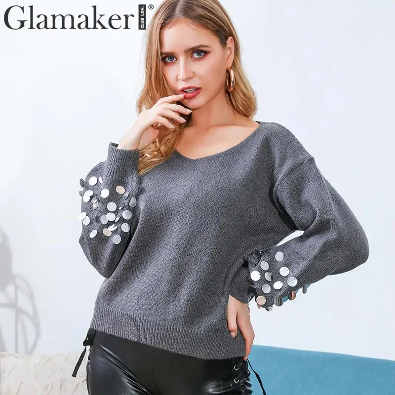 Glamaker вязаный свитер с длинными рукавами серого цвета блестками женский
