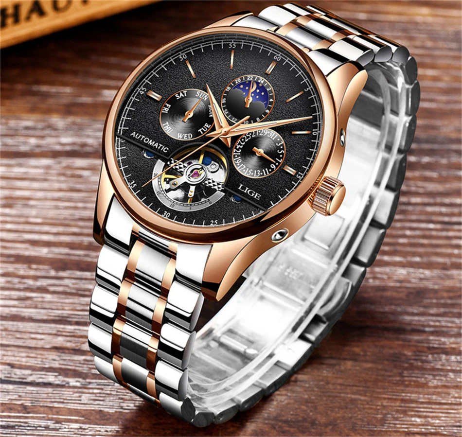 LIGE Брендовые мужские часы автоматические механические часы Tourbillon спортивные часы кожаные повседневные деловые часы в ретро-стиле Relojes Hombre