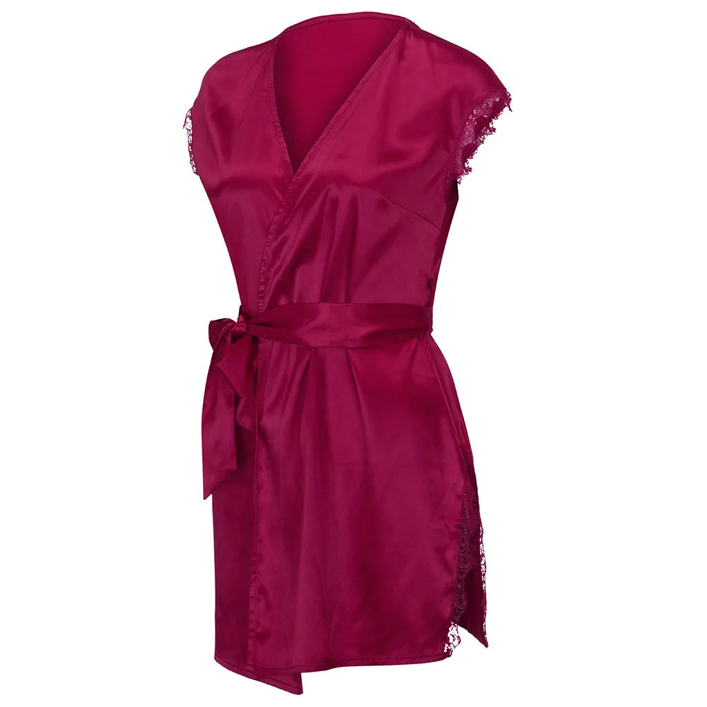 Short Sleeve Robe Women Satin Pajama Sexy Night Dress With Belt Nighties Nightgown Sleepwear Nightwear Nightshirt Bathrobe
