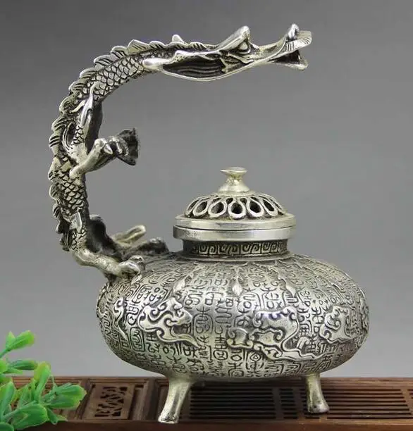 

China collection archaize white copper fly dragon Incense burner height 22.5cm