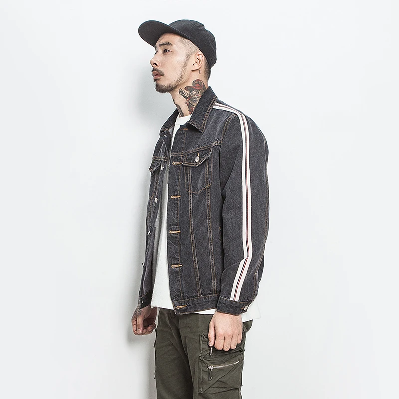 Мужская джинсовая куртка в полоску цвет черный|men's jean jacket|jacket qualityblack denim jacket |