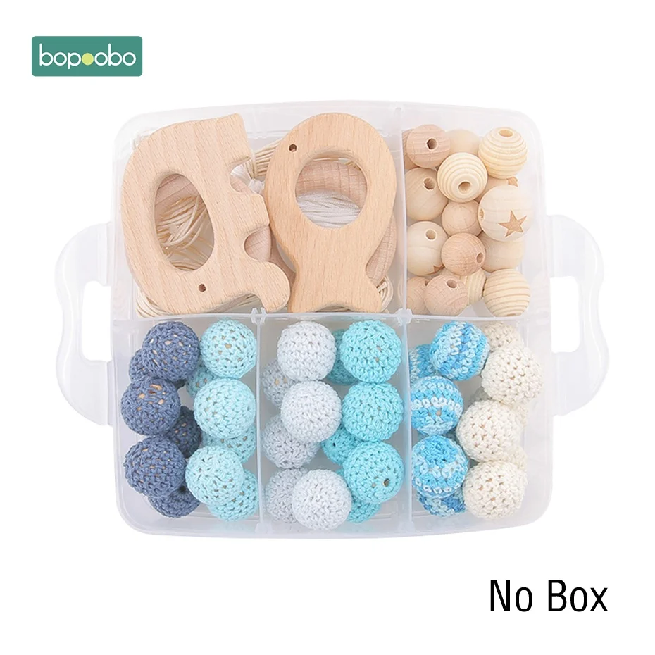 Blue Crochet Set-1 Bopoobo 1Set Baby Teether DIY Silicone Beads Pacifier Clip Chain Baby Mobile Wool ball BPA Free Wooden Crochet Beads Teether - Цвет: Blue Crochet Set-1