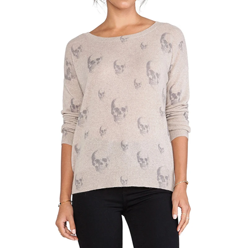 Hodoyi Women Fashion Halloween Long Sleeve Sweater Chic Print Solid Grey Skull Pattern O-neck Skeleton Cuff Hem Knitted | Женская одежда