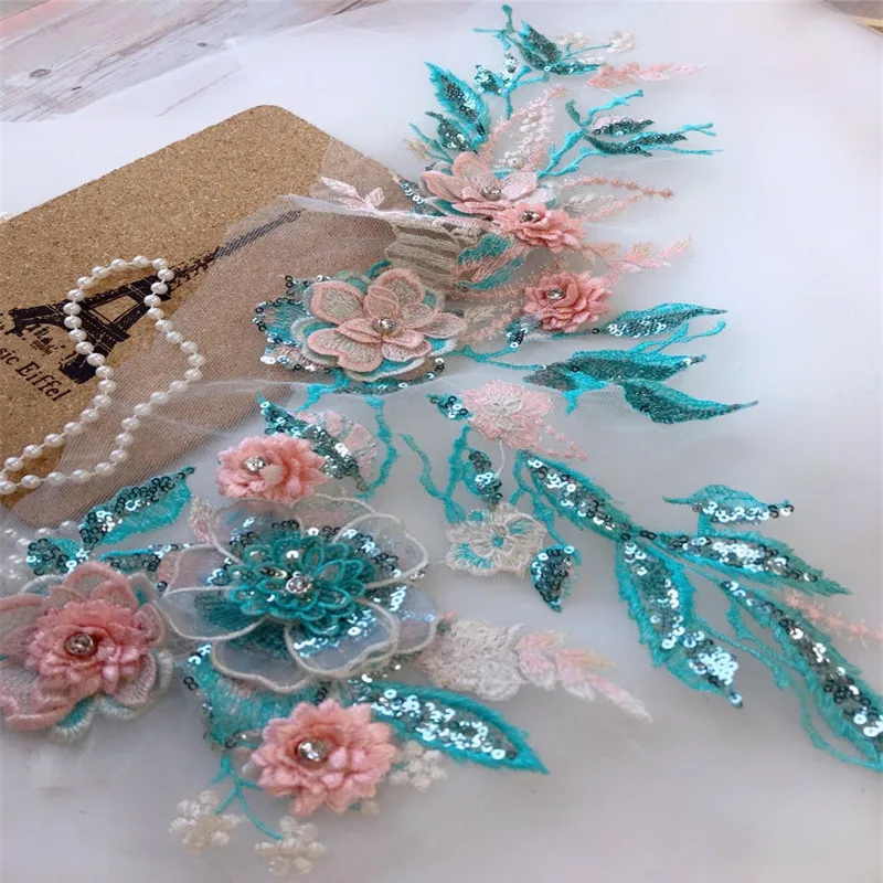 1 piece Turquoise applique Sequins rhinestone embellishments flower 3D lace blue pink | Дом и сад