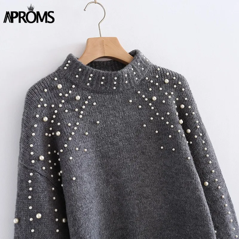 Aproms, водолазка, вязаный свитер с жемчугом, женский, зимний, Повседневный, с рукавом-фонариком, серый, свитера и пуловеры, женский, осенний, Pull Femme