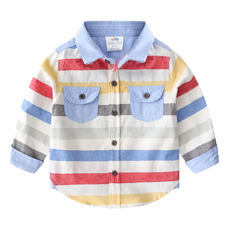 

2023 Spring Autumn 2-8 10 12 Years Long Sleeve Pocket Colorful Striped Color Patchwork Cotton Baby Kids Boy Shirts For Children