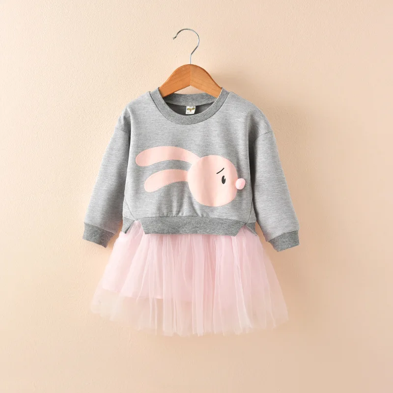 Autumn Kids Baby Girls Clothes Cartoon Bunny Princess Patchwork Sweatshirt Tulle Dress roupa infantil | Детская одежда и обувь