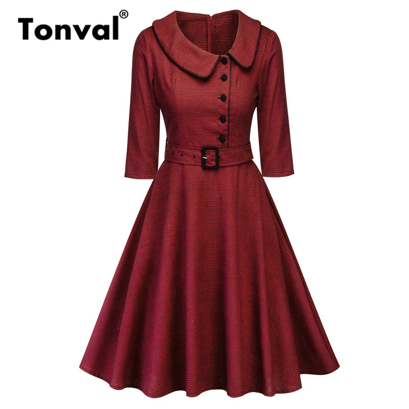 Tonval Casual Burgundy Elegant Autumn Women Dress Plaid Vintage 3/4 Sleeve Office Lady Dress Belted Retro Dresses