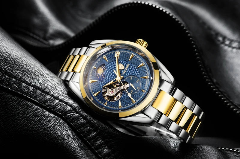 Часы мужские механические automatic Tourbillon деловые мужские часы Moon Phase стальные мужские часы водонепроницаемые наручные часы Tevise T795c