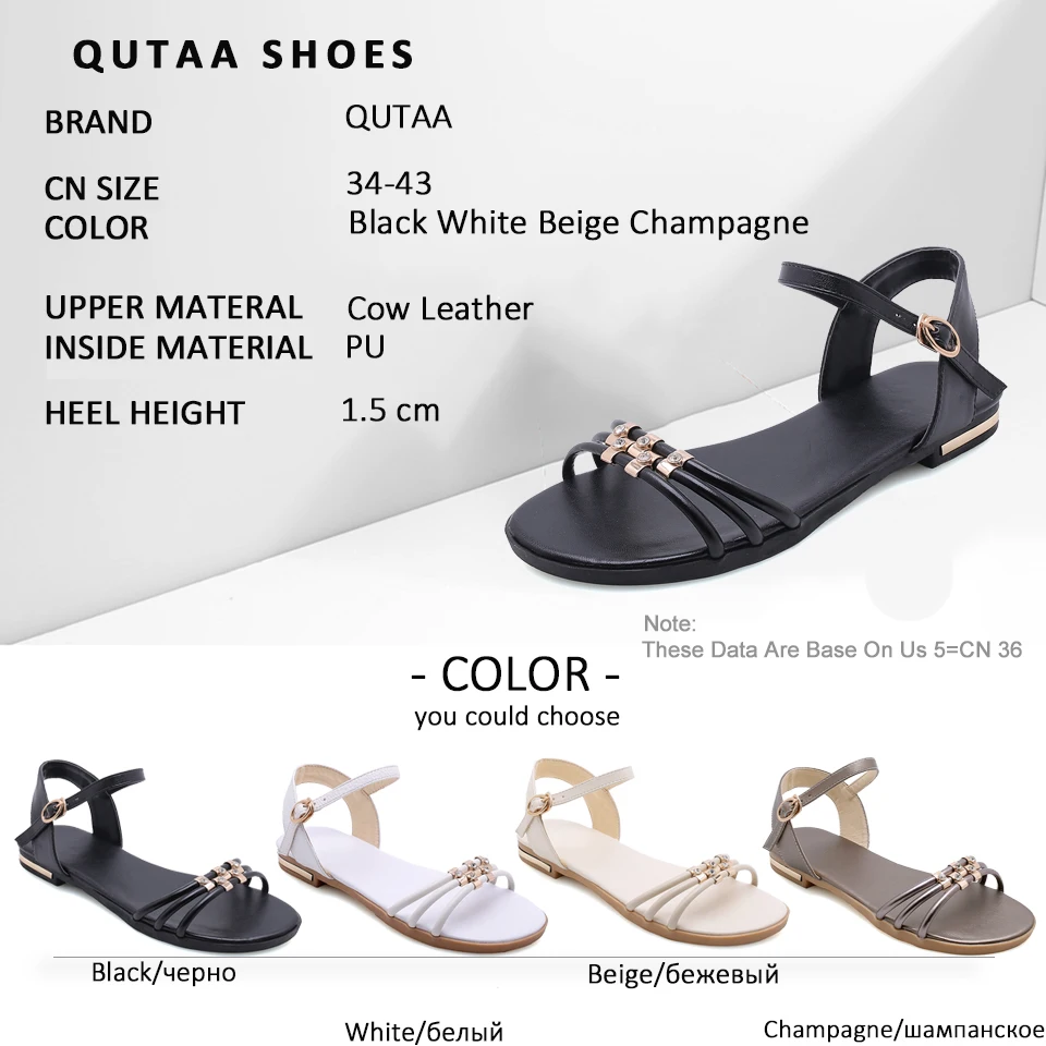 QUTAA/ г. Женские босоножки Нескользящая обувь на плоской подошве из коровьей кожи и PU искусственной кожи с круглым открытым носком и металлической пряжкой размер 34-43