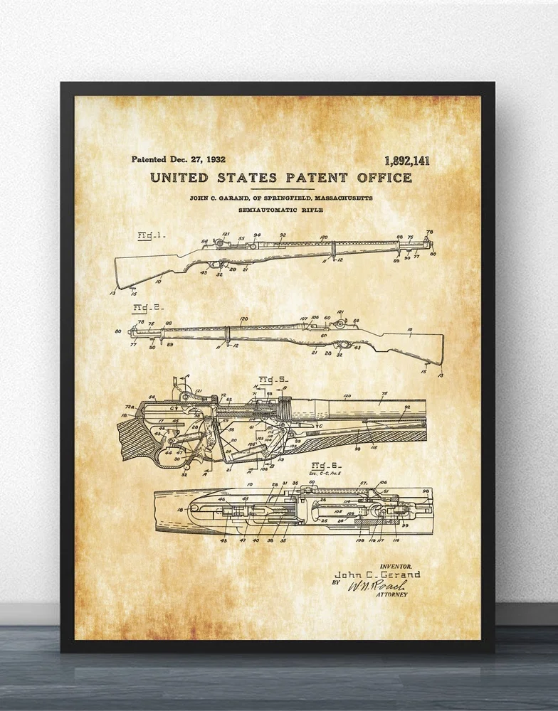 M1 Garand винтовка патент 1932 схема настенное искусство украшение холст