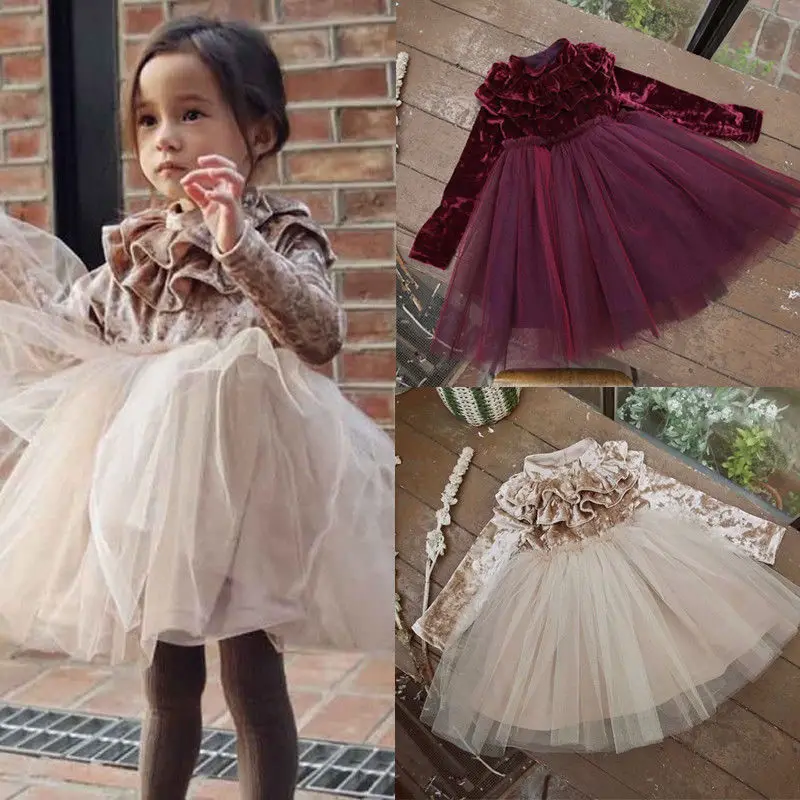 Fancy Princess Kids Baby Girl Dress Velvet Fleece Party Tulle Tutu Dresses Lovely Children Girls Patchwork Lace Sundress | Детская
