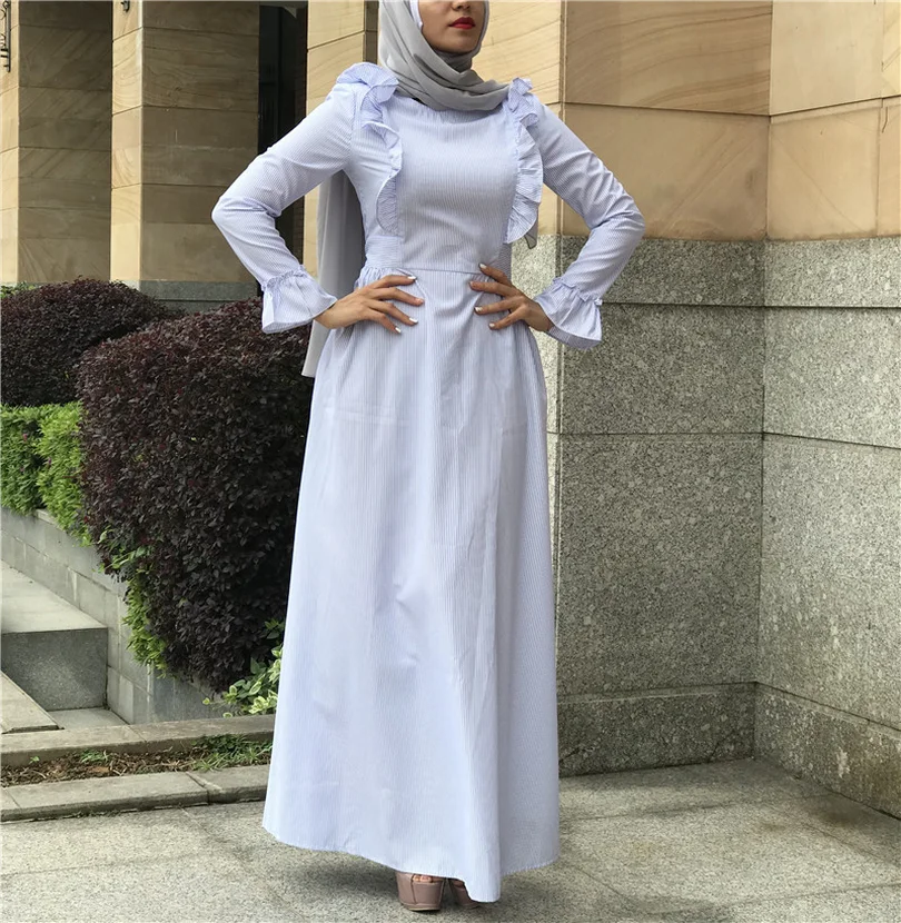 Новое поступление мусульманских взрослых Полосатый цвет с платья оборками Musulmane
