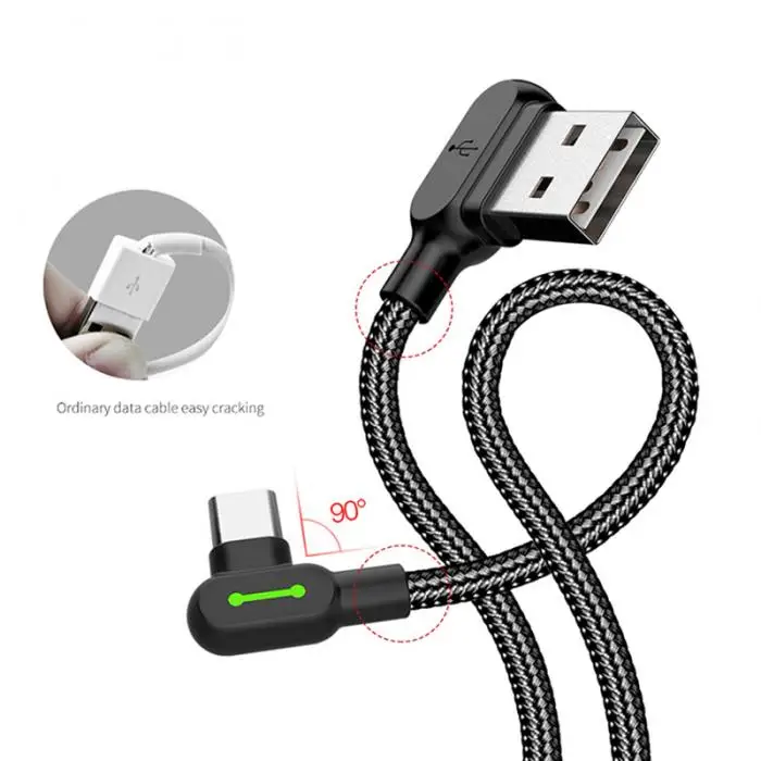USB 3,1 Быстрый зарядный кабель под прямым углом 90 градусов кабель для синхронизации данных со светом IJS998