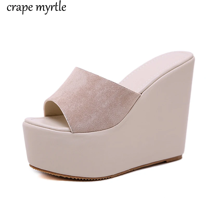 Сандалии женские кожаные на платформе шлепанцы с открытым носком танкетка