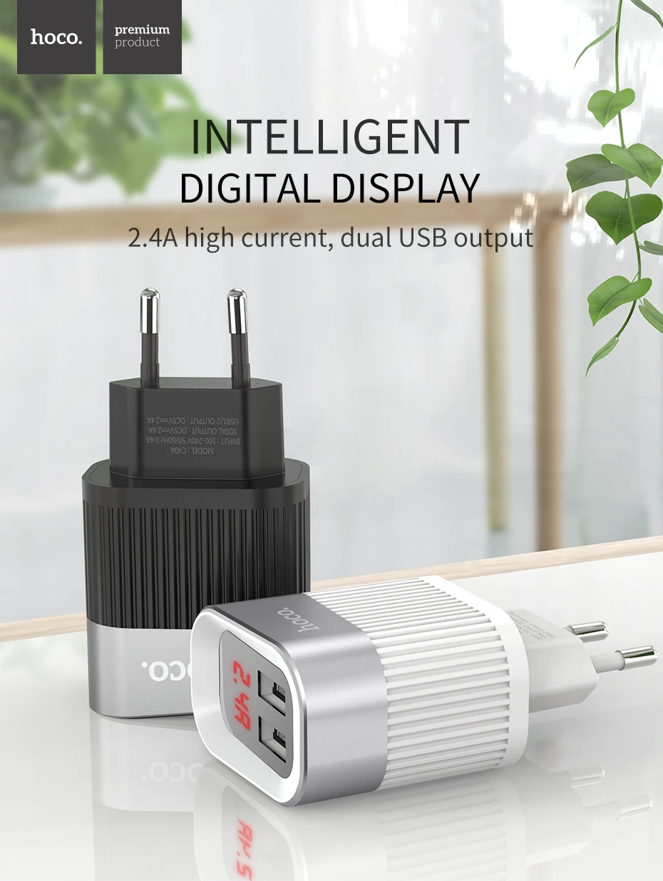 HOCO двойной USB зарядное устройство ЕС США Великобритания вилка адаптер путешествия настенное зарядное устройство с светодиодный дисплей для iPhone Xiaomi huawei samsung мобильный телефон