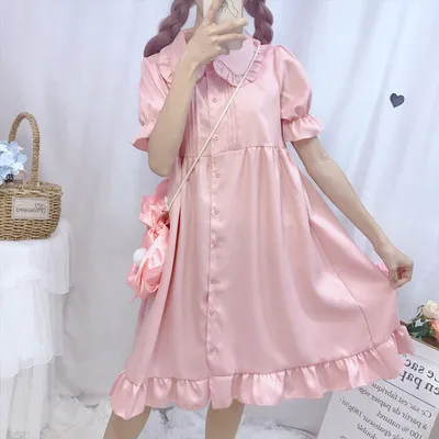 pink short sleeve Лолита японский весна лето японский платье Мягкая сестра полный короткий рукав Kawaii платья с оборками кукла воротник зеленый розовый платье - Цвет: pink short sleeve