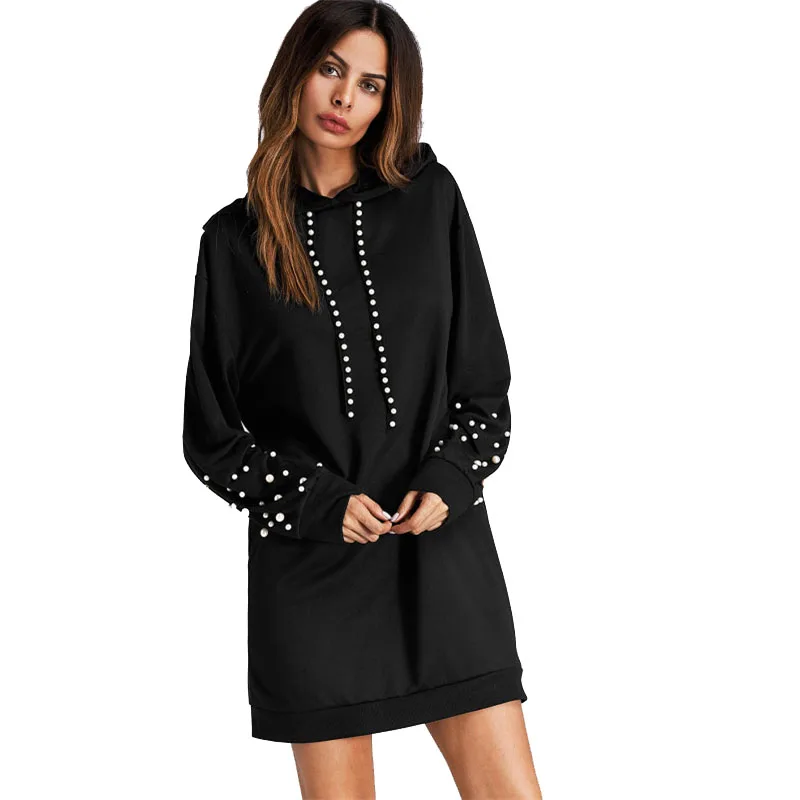 Dotfashion платье-толстовка с жемчугом и бисером, черное платье с длинным рукавом, женское платье, Новое поступление, Осеннее короткое платье