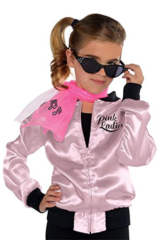 Kids Grease Costume Child Girl Pink Retro Trench Satin Coat Jacket Fancy Halloween Cosplay Cheerleader Uniform