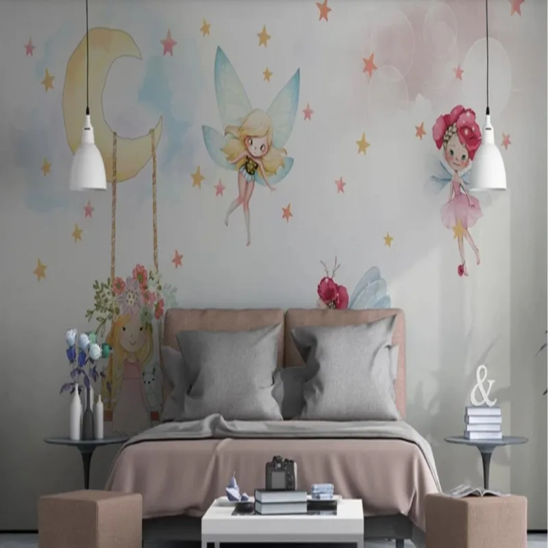 

Nordic modern minimalist hand-painted cute elf girl children's room background wall