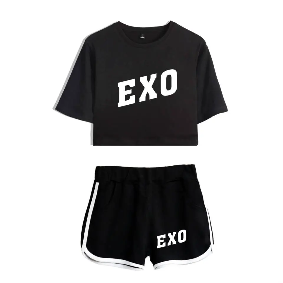 Женский спортивный костюм Kpop Exo женский короткий топ шорты и брюки летний