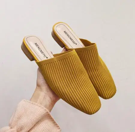 yellow Известный дизайнер; вязаные Вьетнамки; женские тапочки с квадратным носком; Уличная обувь из эластичной ткани; летние шлепанцы; 143 - Цвет: yellow