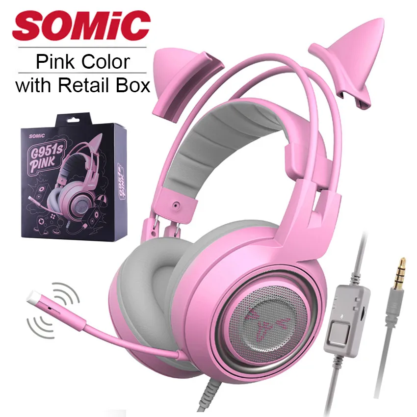 SOMIC G951S дети PS4 игровая гарнитура шлем розовый девушки кошка ухо ПК стерео гарнитура с микрофоном для Xbox One/телефон/ноутбук планшет - Цвет: Pink with Retail Box
