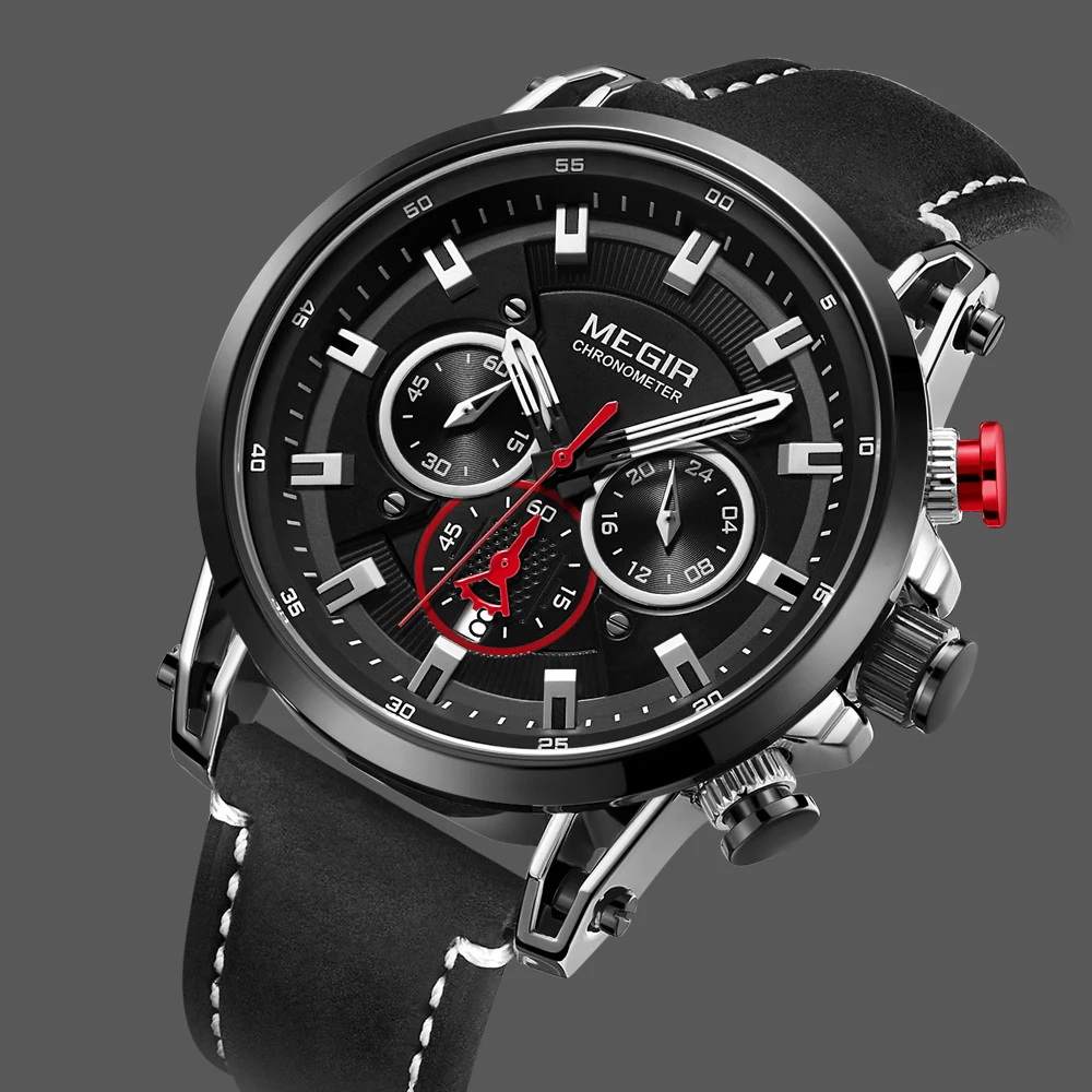 

Fashion Brand Megir Men's Watch Chronograph Quartz Watches Man Leather Strap Clock Sport Army Date Wristwatch Relogios Masculino