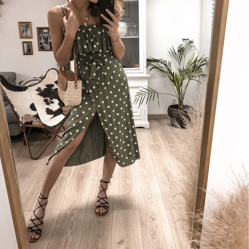 Boho женское сексуальное пляжное платье с разрезом сбоку в горошек бандо летние