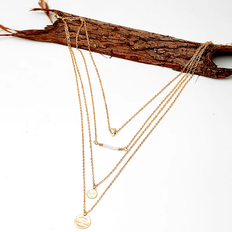 

2017 Gold Color Multi layer Collar Necklace Pink Crystal Letter Round Coin Heart Pendant Long Chain Necklace for Gift MYC04010