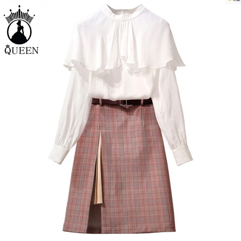 Женский комплект 2 шт. белая блузка с оборками и розовая клетчатая юбка