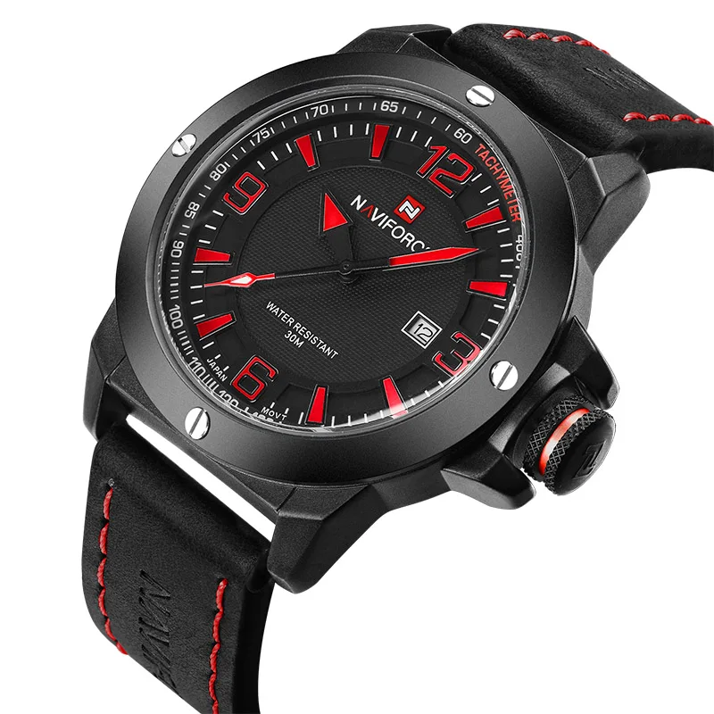 black red NAVIFORCE Топ бренд для мужчин s часы Роскошные Кварцевые повседневные часы для мужчин бизнес мужские часы кварцевые часы кожаный ремешок Часы relogio - Цвет: black red
