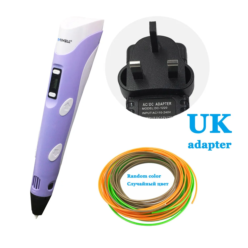 Purple UK Myriwell 2-го поколения 3D ручки светодиодный дисплей DIY 3d принтер Ручка 25 м/50 м/100 м 1,75 мм PLA 3d ручки для детей игрушечные инструменты для рисования - Цвет: Purple UK