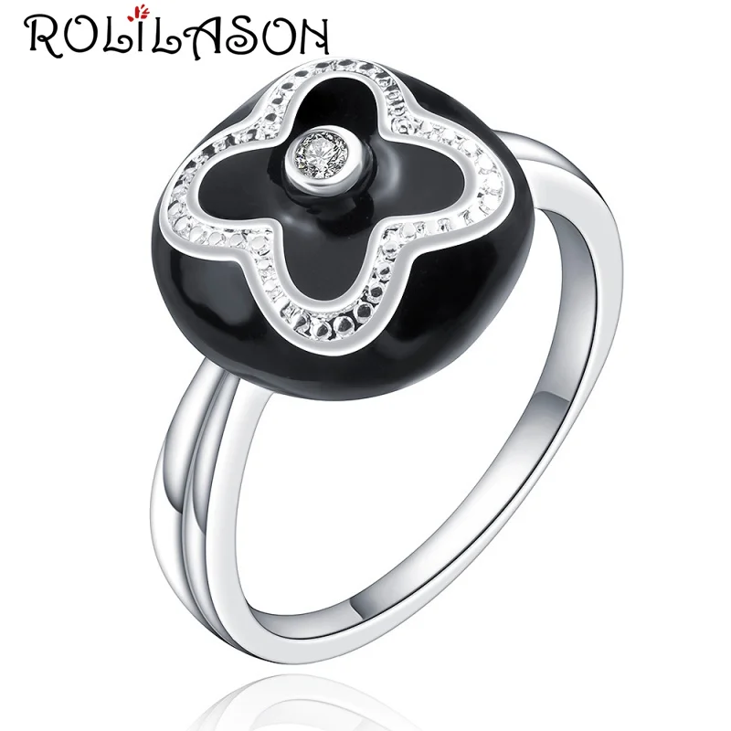

New Design for Women's Individuality Anniversary Black Flower White Crystal silver fashion jewelry USA Size #6#7#8#9#10 JR2157