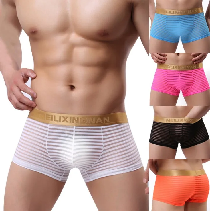 Подростков сетчатые трусы боксеры в полоску сексуальное нижнее белье для