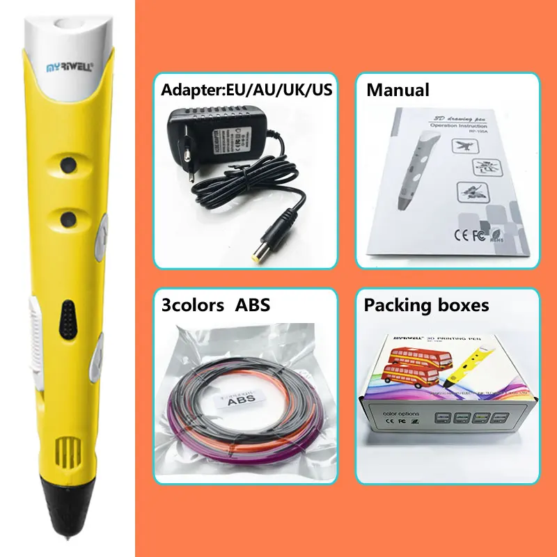 Yellow pen Package 1 Myriwell 3d Ручка 3d ручки, 1,75 мм ABS/PLA нити, 3 d ручка SmartChild подарок на день рождения, 3d печать pen3d модель - Цвет: Yellow pen Package 1