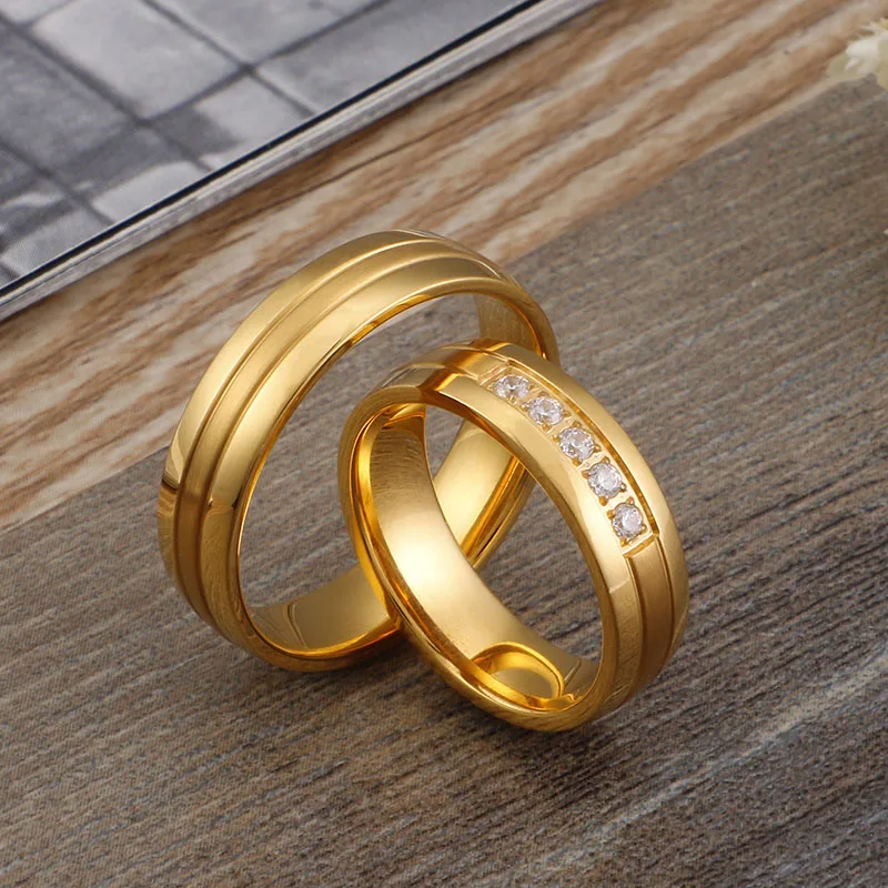 Alliance Wedding Rings Cubic Zirconia Couple for Women and Men Gold Color Stainless Steel Lover Anniversary Jewelry | Украшения и