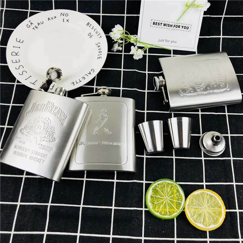 7 унций бутылка виски отпечаток Джек водка Воронка FLAGON 304 нержавеющая сталь алкоголь ликер бедра фляжка чашки черный Фестиваль подарочная коробка набор