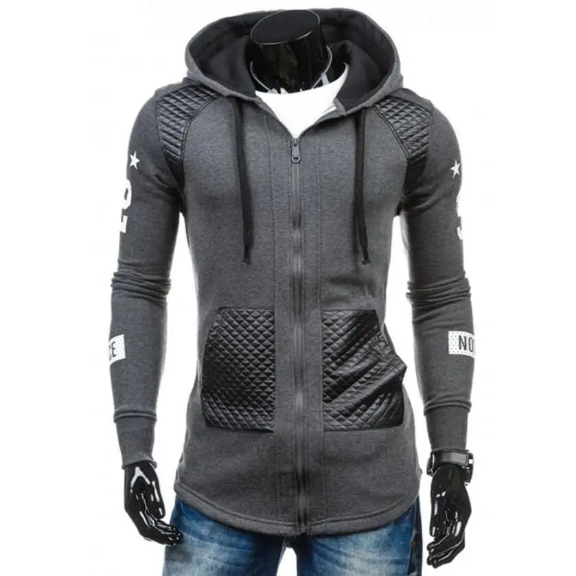Men Hoodies Long Sleeve Sweatshirts 2019 Brand Fashion Casual Zipper Jacket Patch Leather Plus Size Streetwear Slim Fit Coat | Мужская