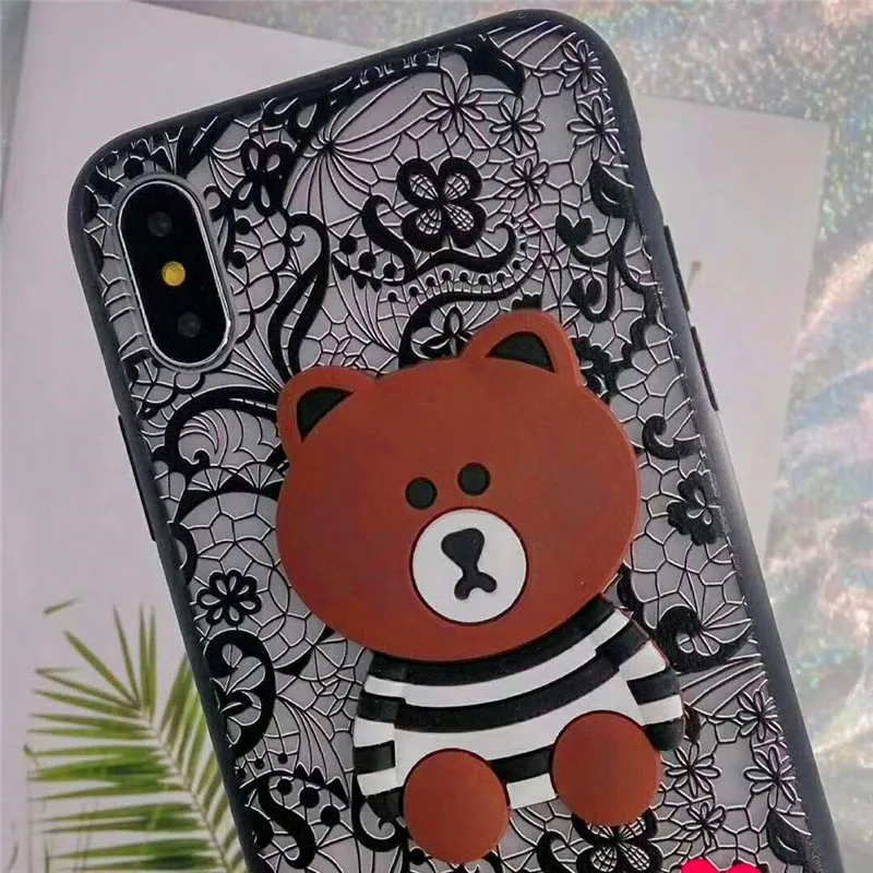 Luxury Back Cover For iPhone XR XS MAX 8 7 6s Plus Capa Coque Fundas Lace Flowers Pattern Smile Bear Brown Cartoon Phone Cases |