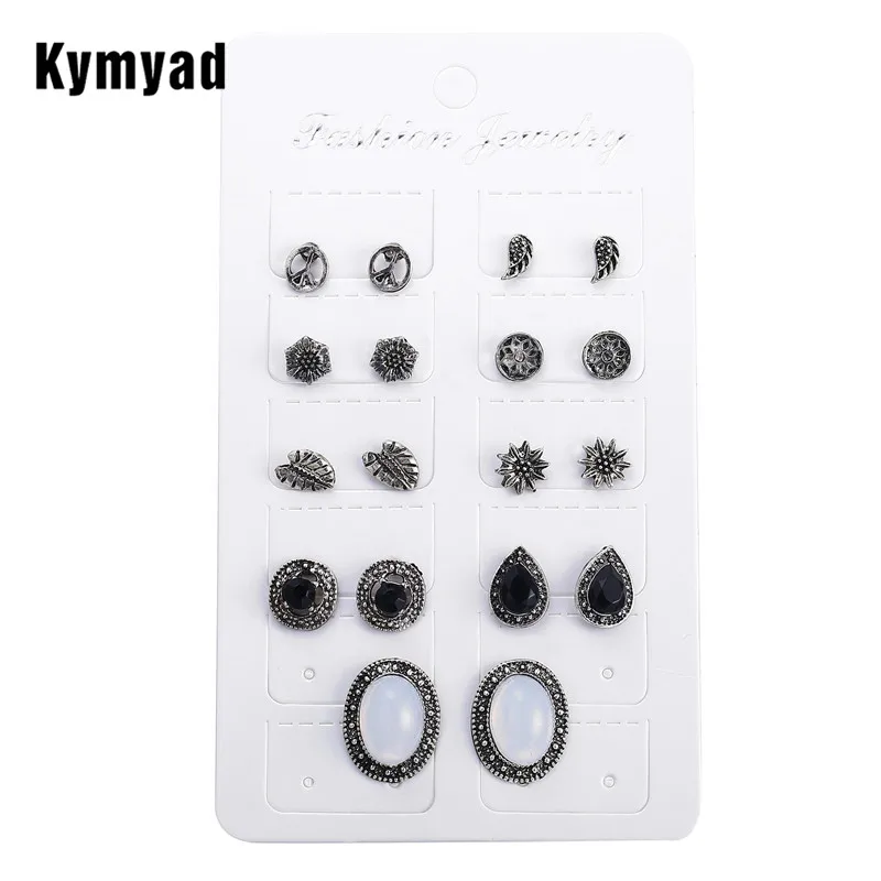 Kymyad 9pairs/set Stud Earrings for Women Fashion Jewelry Vintage Geometric Leaves Plane Flower Boucle D'oreille Femme | Украшения и