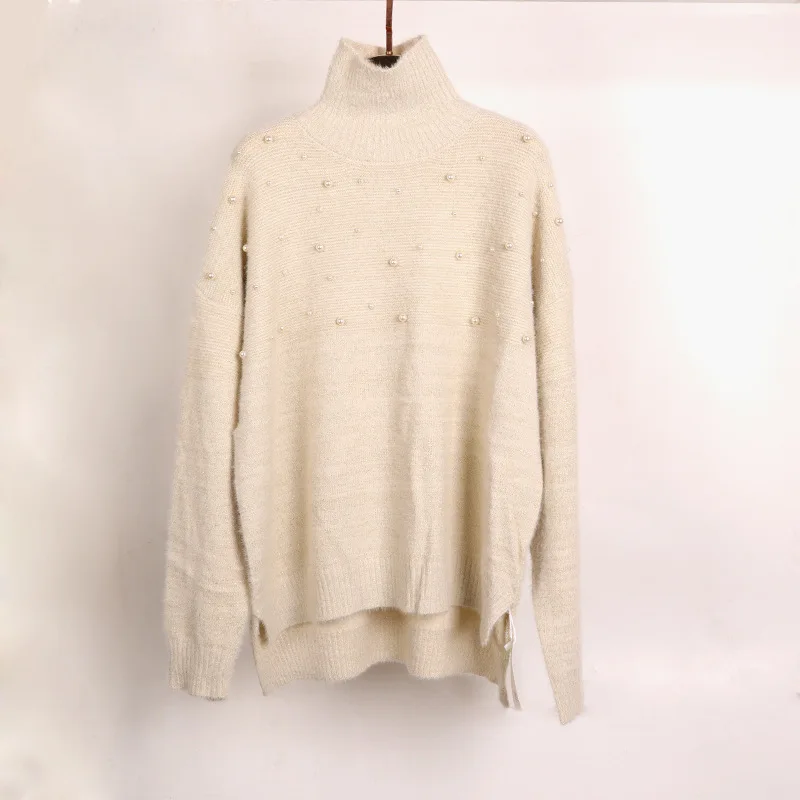 Turtleneck Women Sweater Long Sleeve Pearl Beading Pink Pullover Femme Kintted Pull | Женская одежда