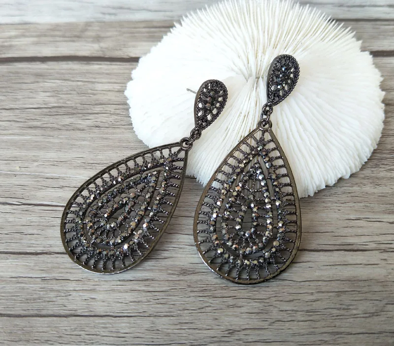 

5 Pairs handmade pave Black rhinestone water-drop shape charm dangle earrings for women ER385