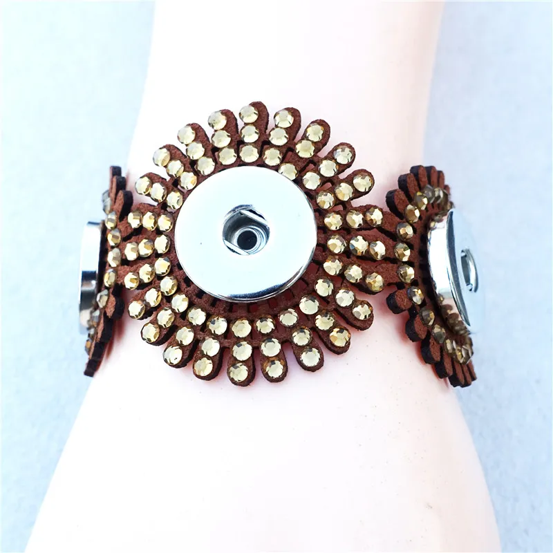

3 Buttons Rhinestone Suede Bracelet 18mm Snap Buttons Blingbling Jewelry For Women